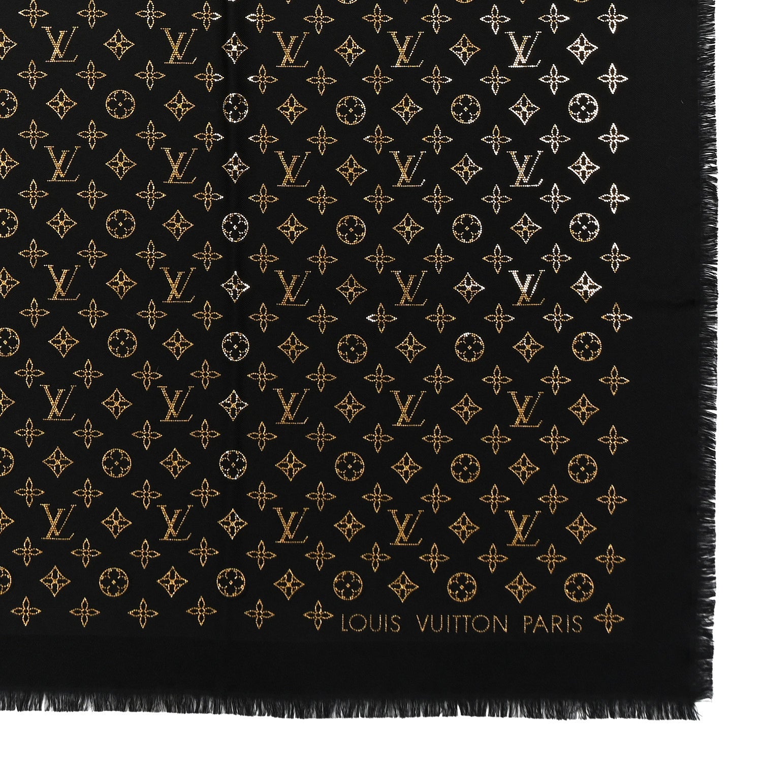 Louis Vuitton Wool Silk Allover Monogram Micro Stud More Monogram Shawl Black Gold 2 of 3
