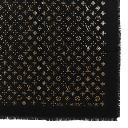 Louis Vuitton Wool Silk Allover Monogram Micro Stud More Monogram Shawl Black Gold 2 of 3