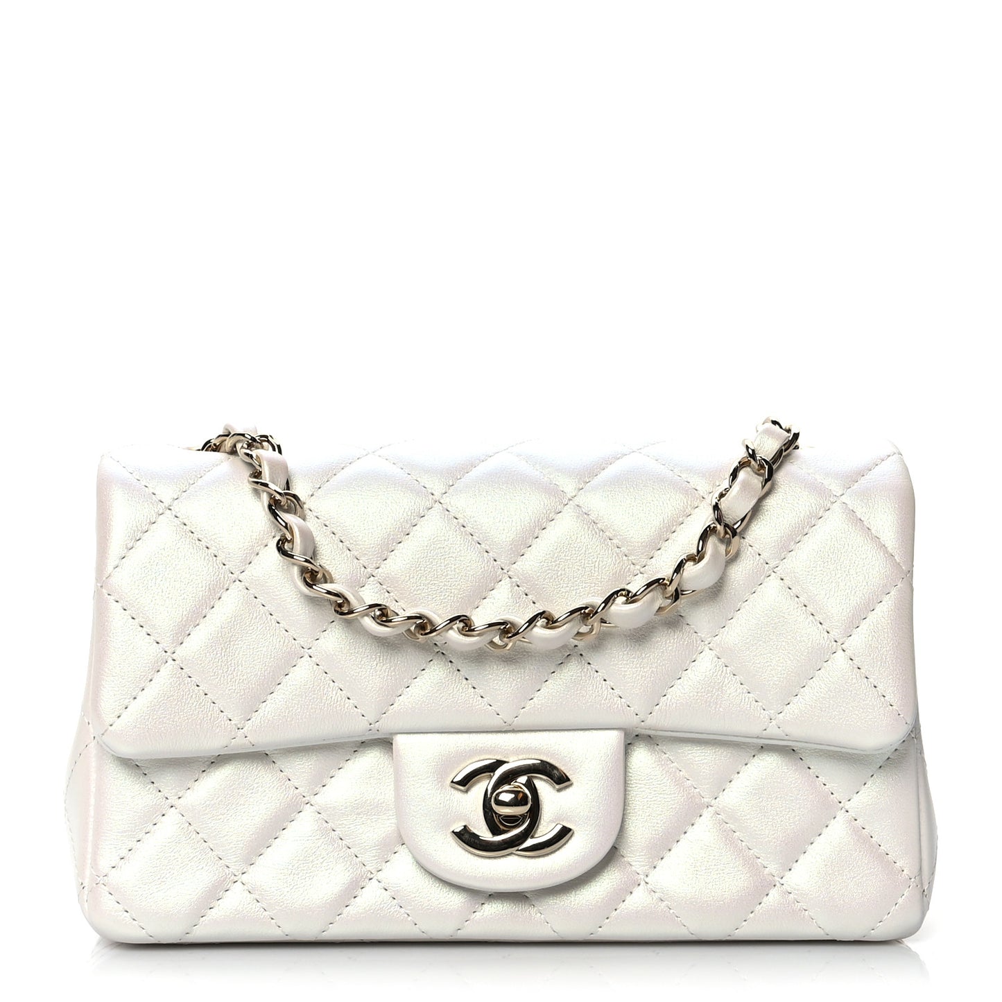 Iridescent Calfskin Quilted Mini Rectangular Flap White