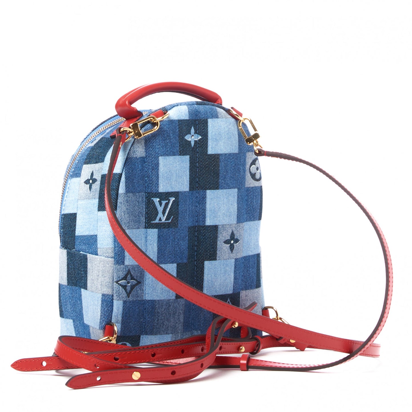 Denim Damier Monogram Patchwork Palm Springs Backpack Mini Blue Rouge
