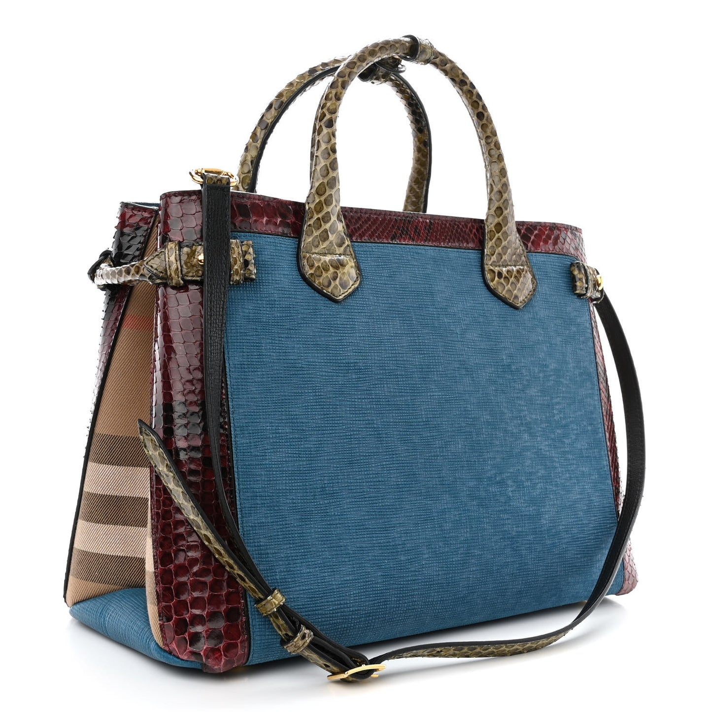 Snakeskin Textured Calfskin House Check Medium Banner Tote Blue