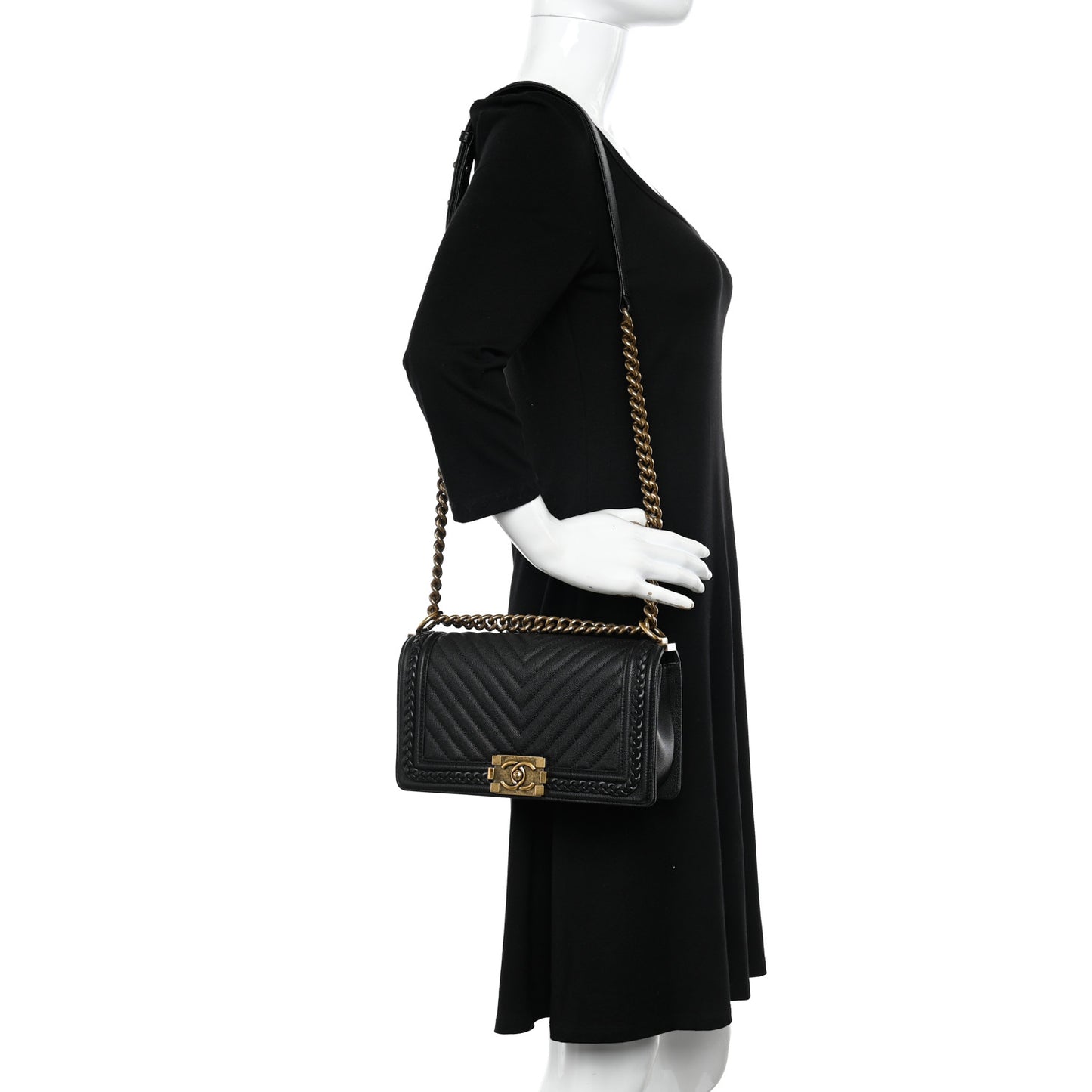 Caviar Chevron Quilted Braided Medium Boy Flap Black