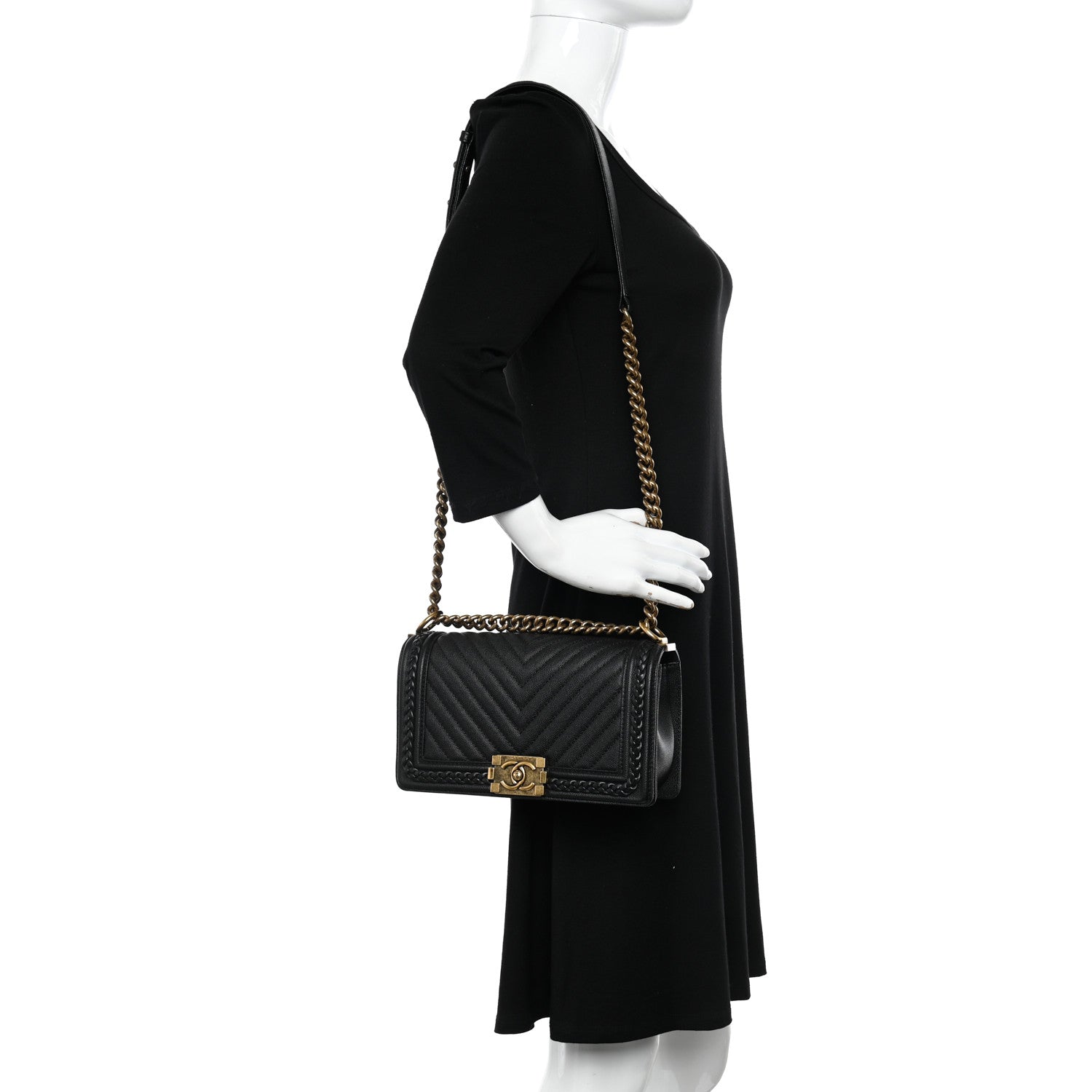 Chanel Caviar Chevron Quilted Braided Medium Boy Flap Black 2 of 11
