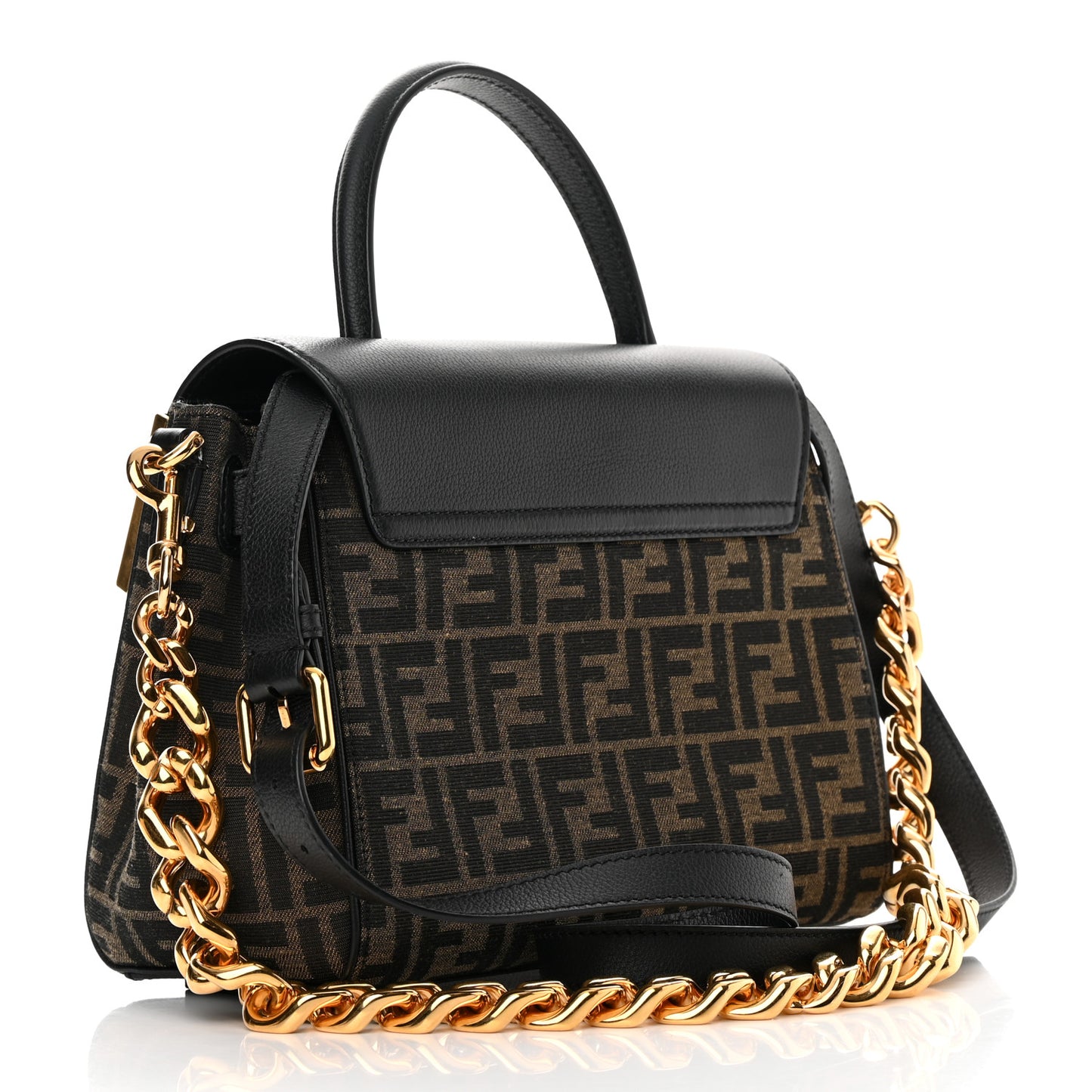 X FENDI Grained Calfskin Fendace Medium La Medusa Top Handle Bag Black Brown