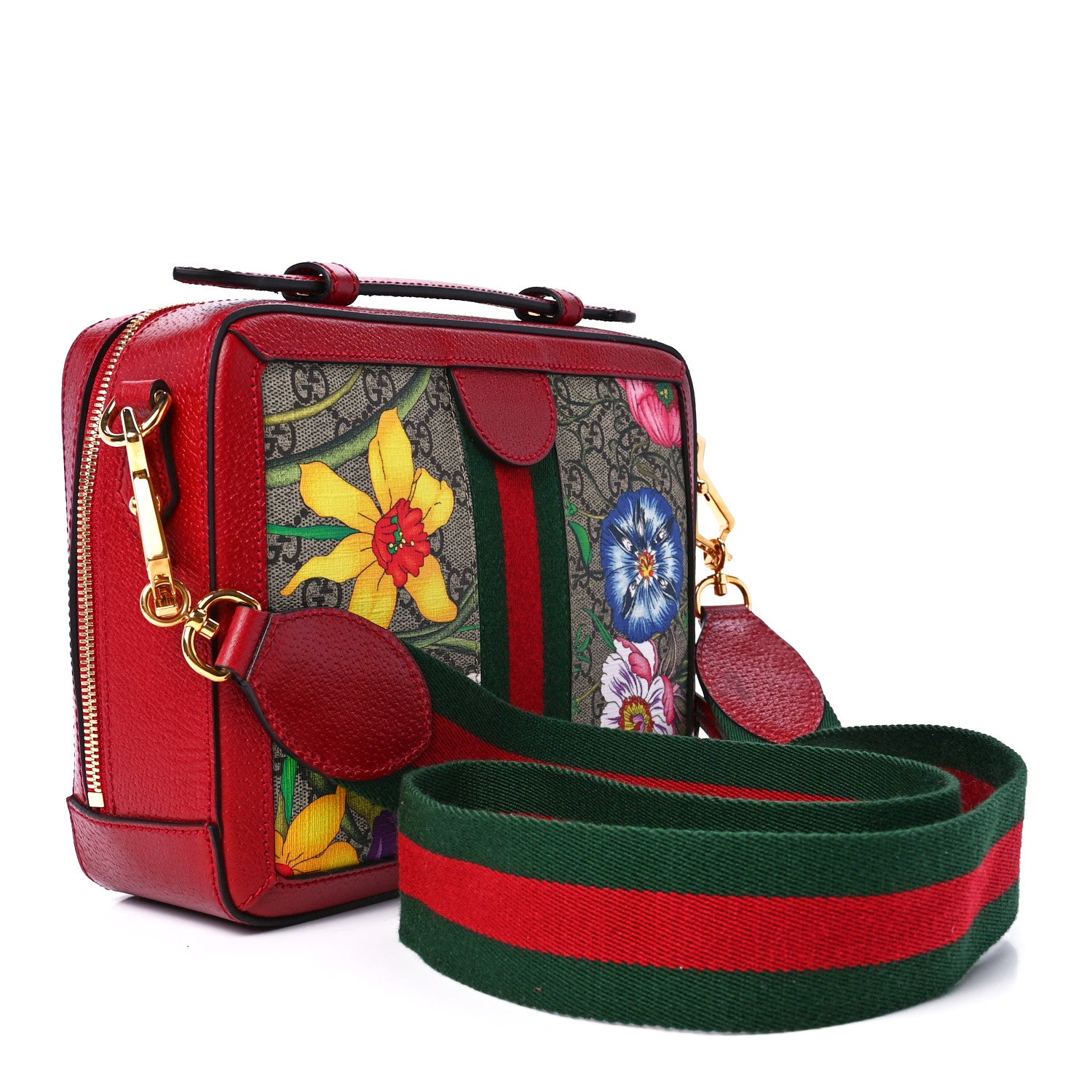 Gucci GG Supreme Monogram Flora Web Small Ophidia Top Handle Shoulder Bag Hibiscus Red 3 of 12