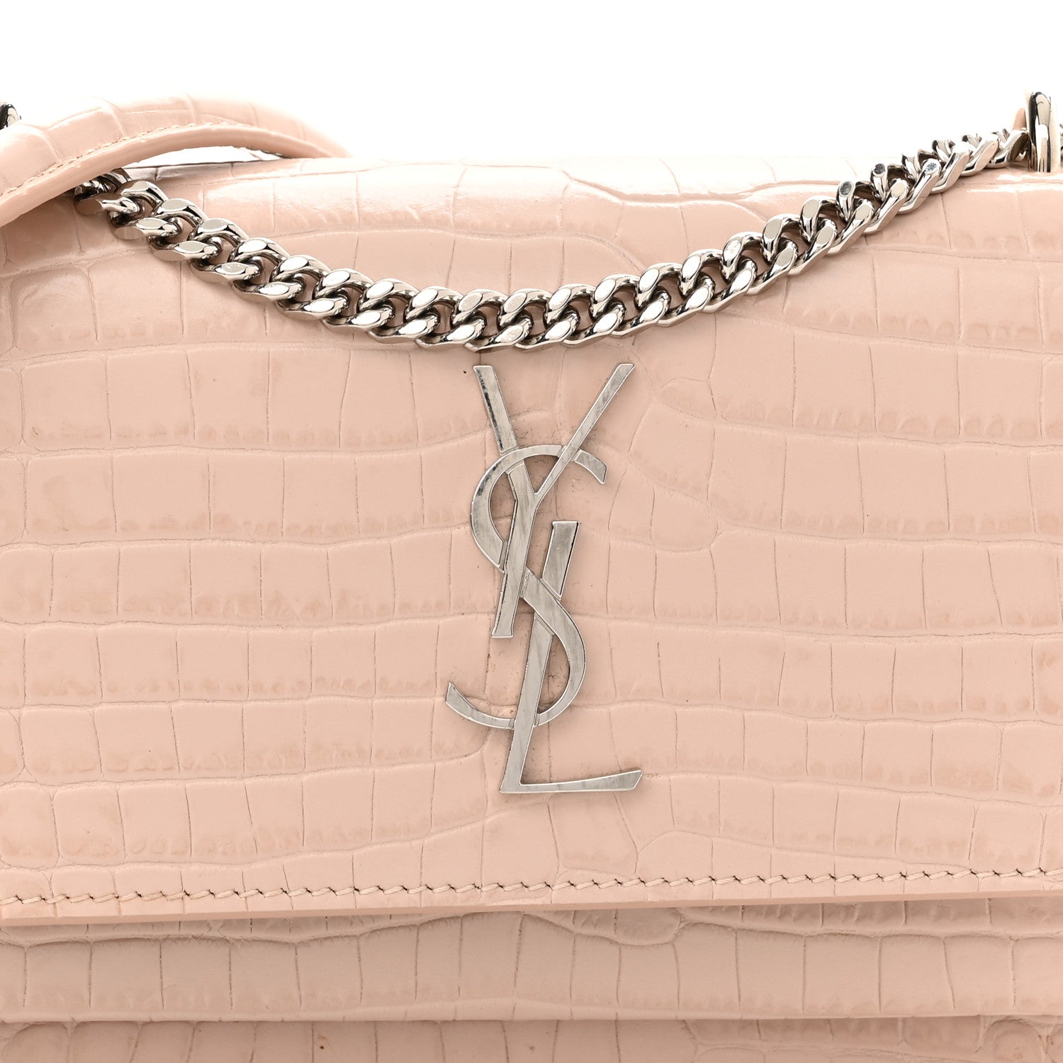 Saint Laurent Calfskin Crocodile Embossed Monogram Sunset Chain Wallet Rose Antic 7 of 9