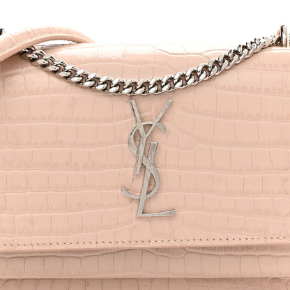 Saint Laurent Calfskin Crocodile Embossed Monogram Sunset Chain Wallet Rose Antic 7 of 9