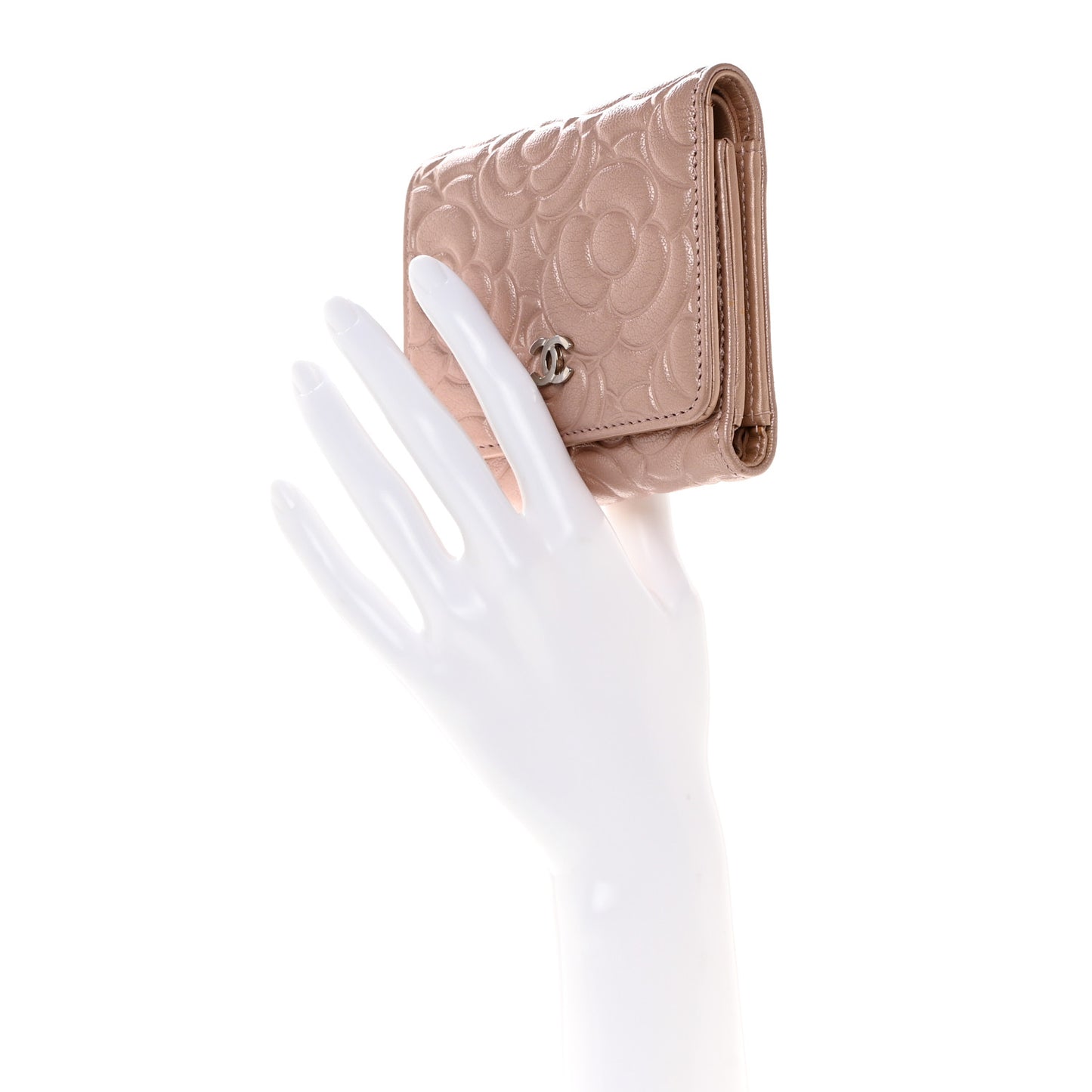 Goatskin Camellia Embossed Compact Wallet Pink