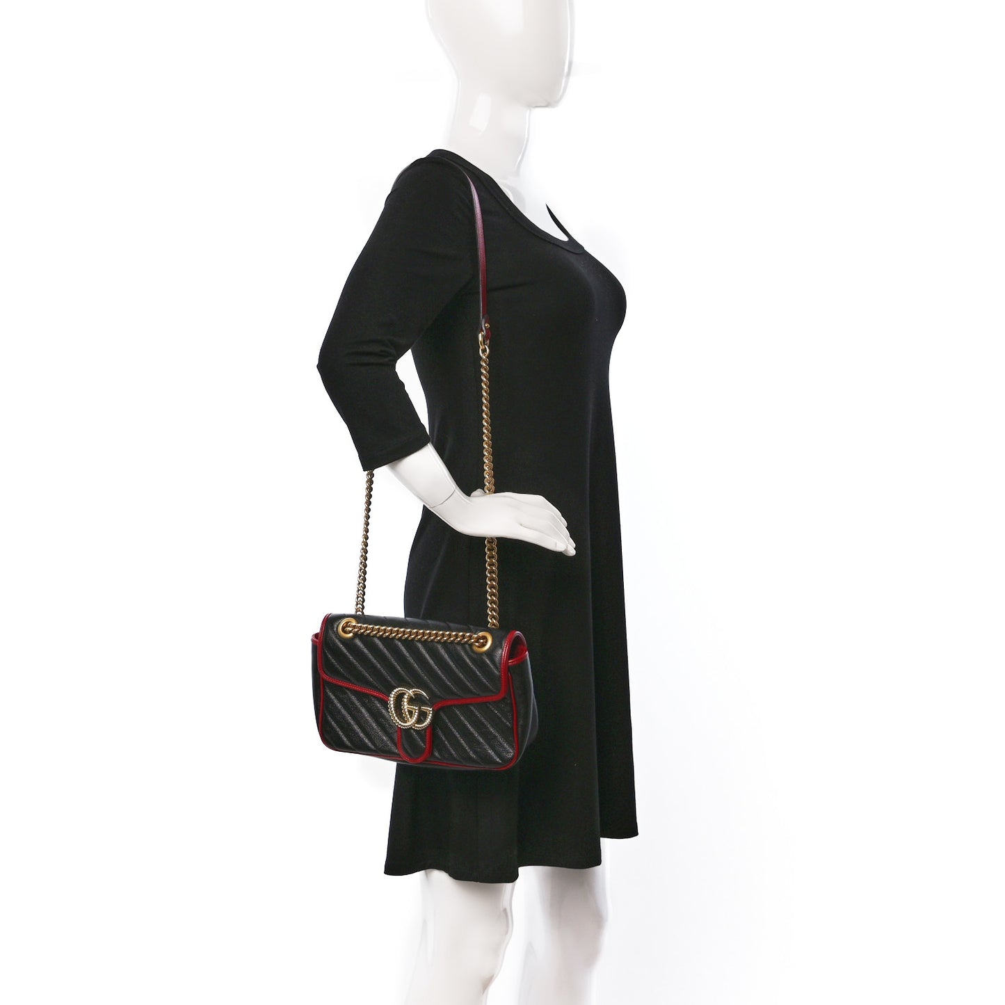 Vintage Effect Calfskin Matelasse Diagonal Small Torchon GG Marmont Shoulder Bag Black Romantic Cherry