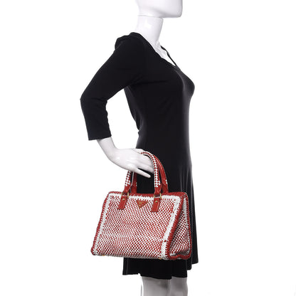 Prada Goatskin Woven Tote Red White 2 of 10