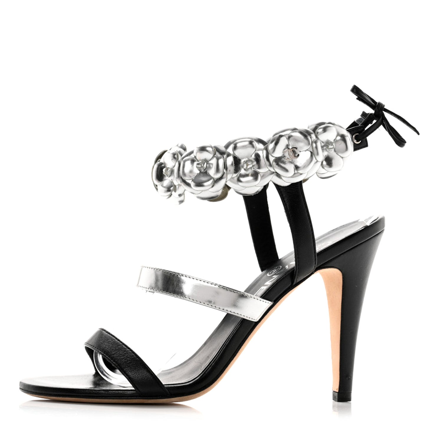Lambskin Patent Camellia Ankle Strap Sandals 37.5 Black