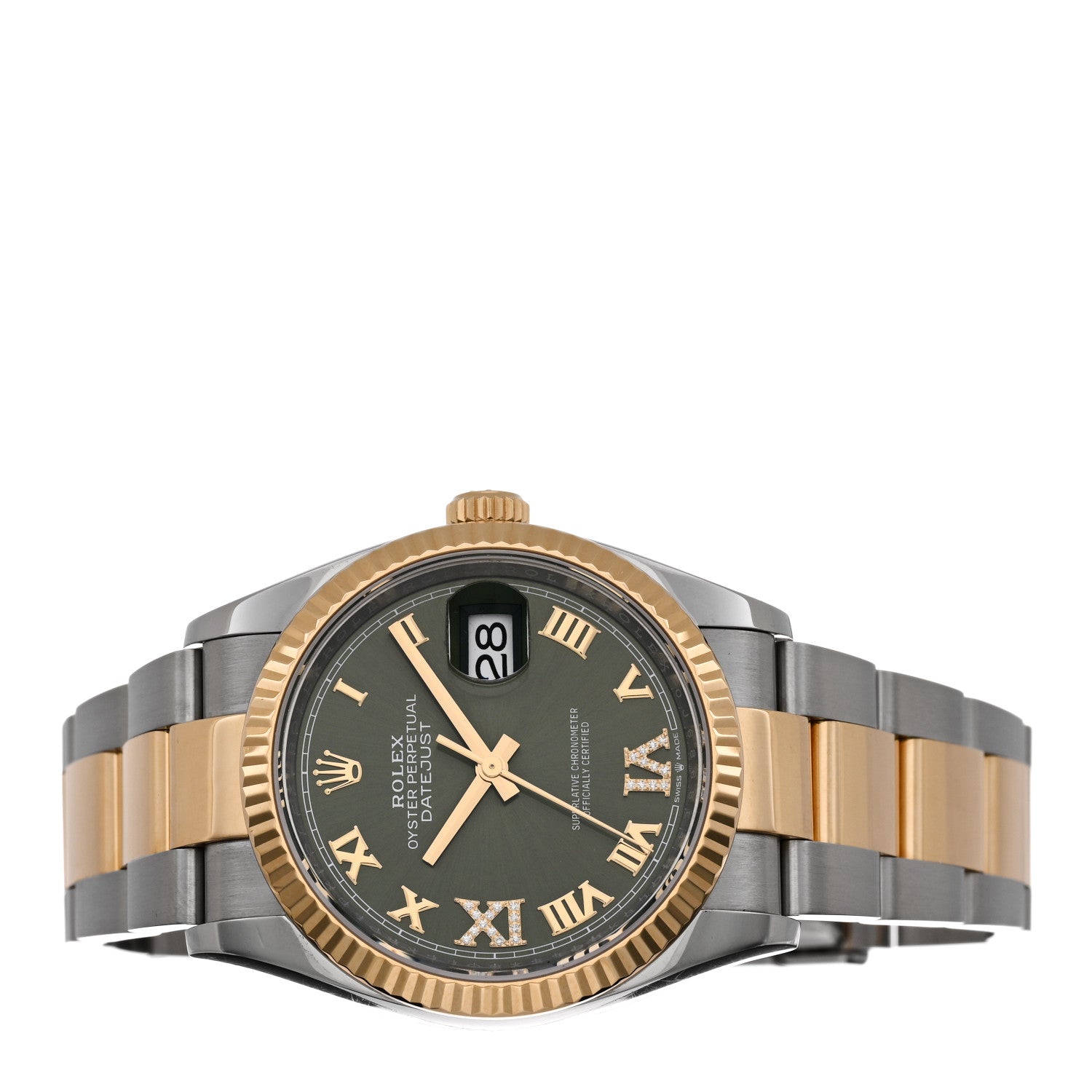 Rolex Stainless Steel 18K Yellow Gold Diamond 36mm Oyster Perpetual Datejust Watch Olive Green Roman 126233 2 of 5