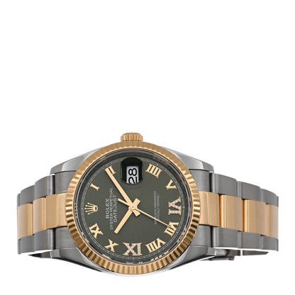 Rolex Stainless Steel 18K Yellow Gold Diamond 36mm Oyster Perpetual Datejust Watch Olive Green Roman 126233 2 of 5