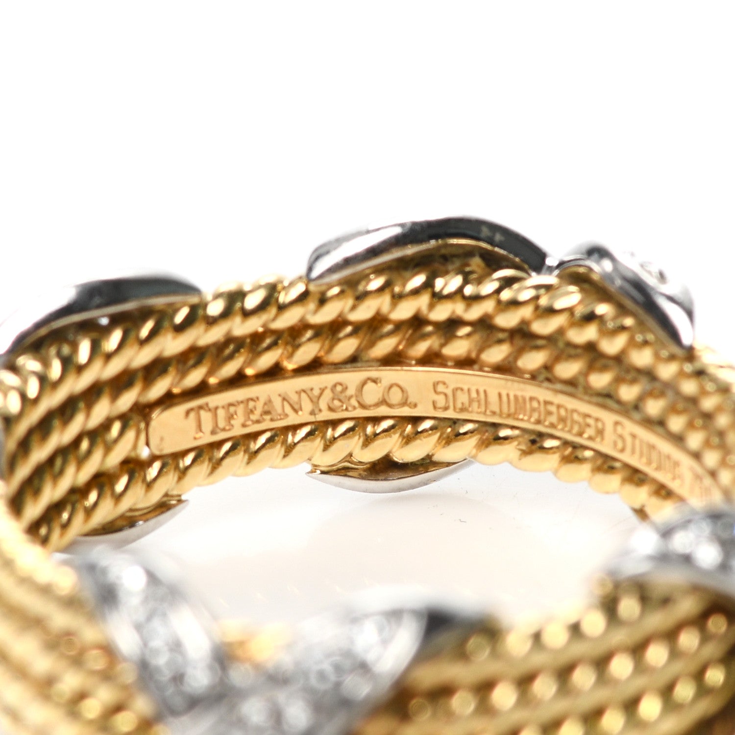 Tiffany 18K Yellow Gold Platinum Diamond Schlumberger Rope Four Row X Ring 62 10 4 of 5