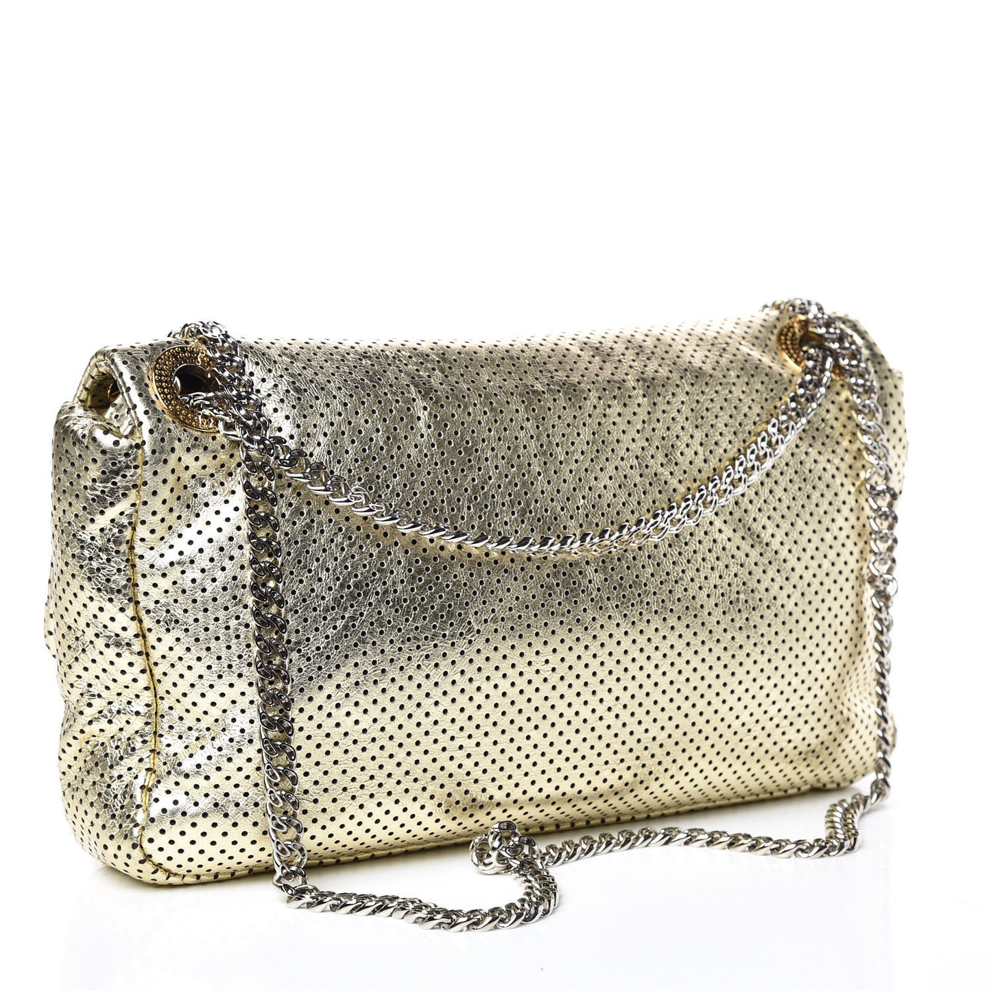 Metallic Crackled Calfskin Perforated Large Drill Flap Gold
