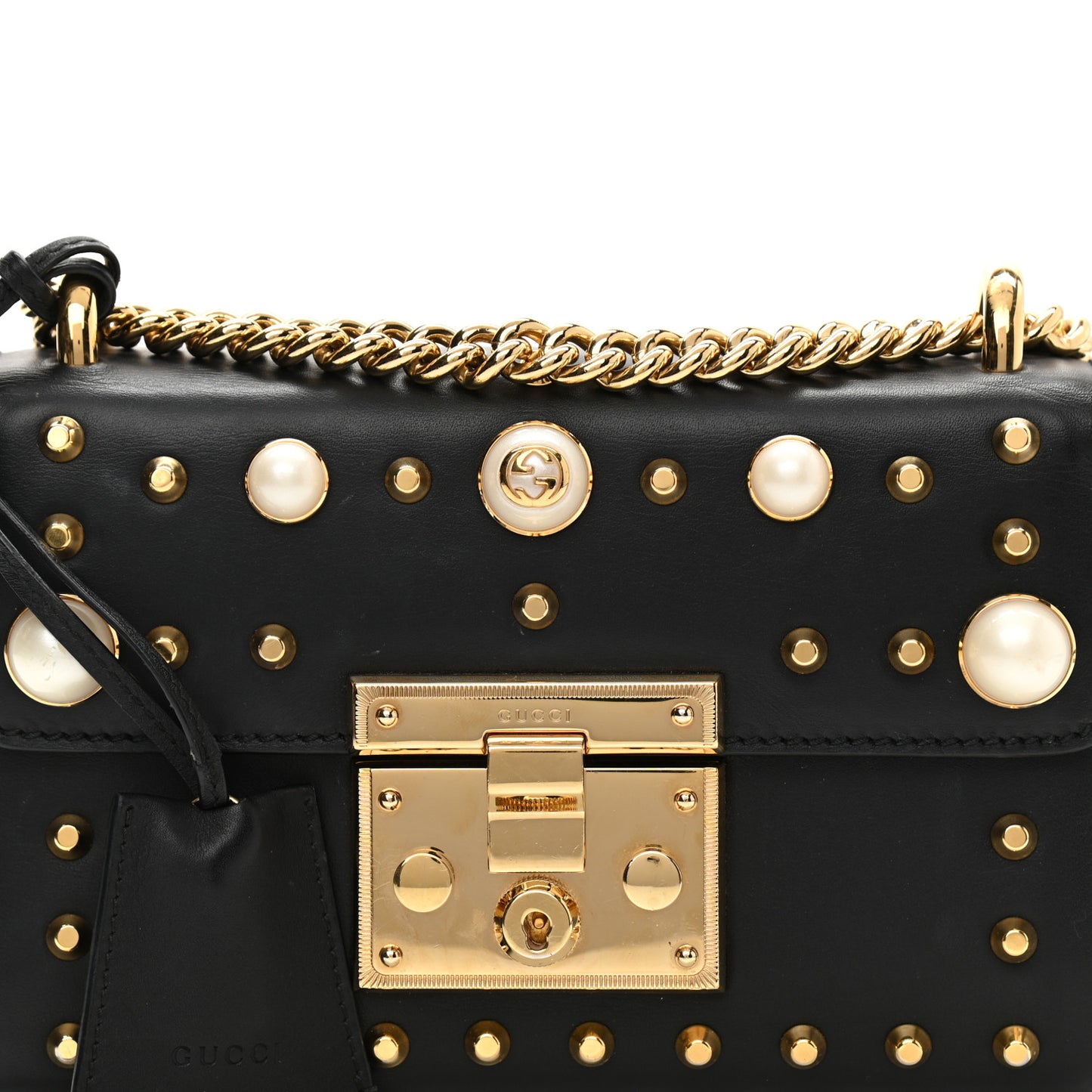 Calfskin Studded Small Padlock Shoulder Bag Black