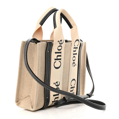Chloe Linen Calfskin Small Woody Ribbon Tote White Black 3 of 10