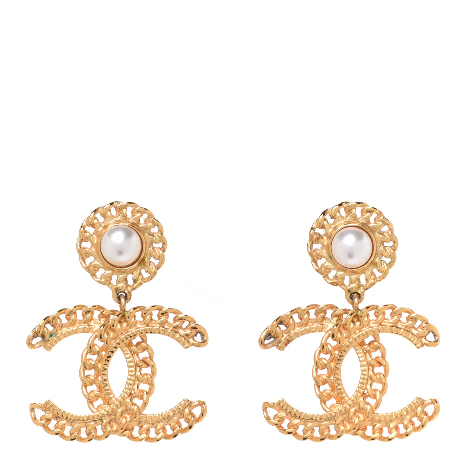 Chanel Metal Pearl CC Chain Drop Earrings Gold 1 of 5