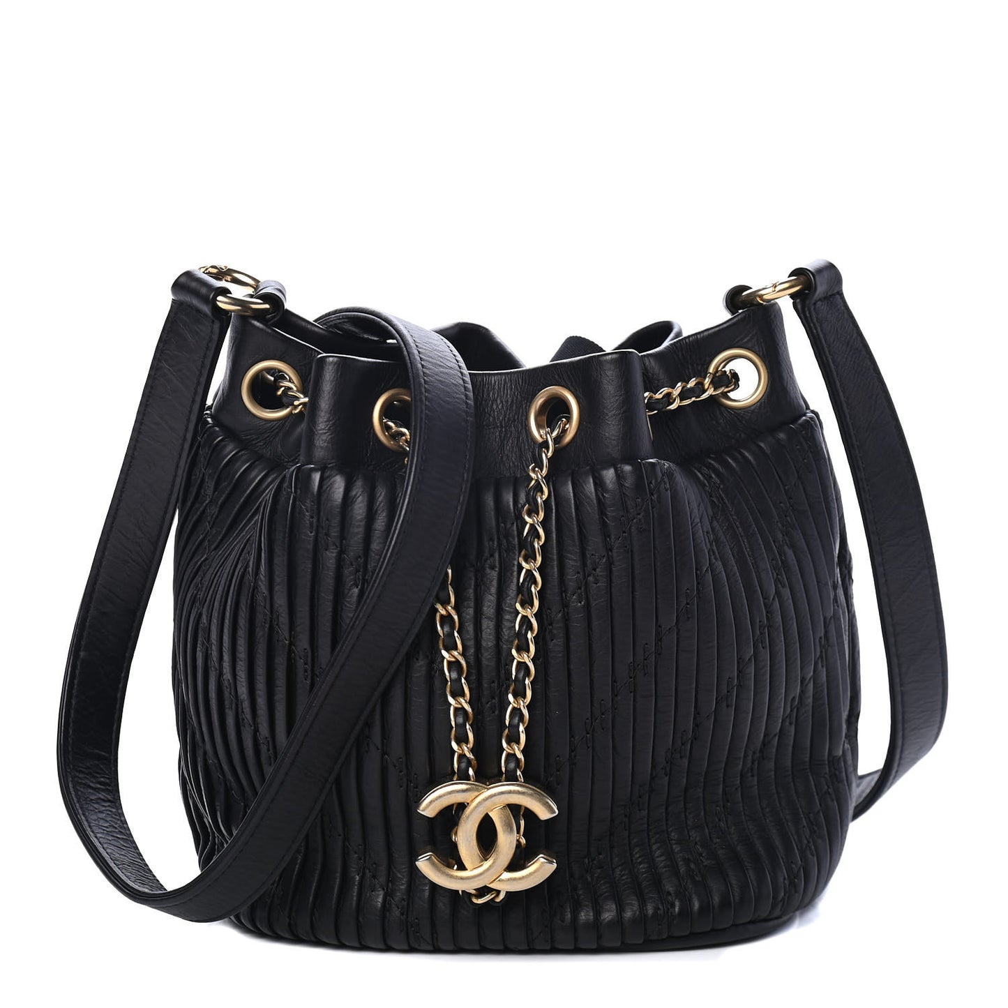 Iridescent Crumpled Calfskin Coco Pleats Small Drawstring Bag Black