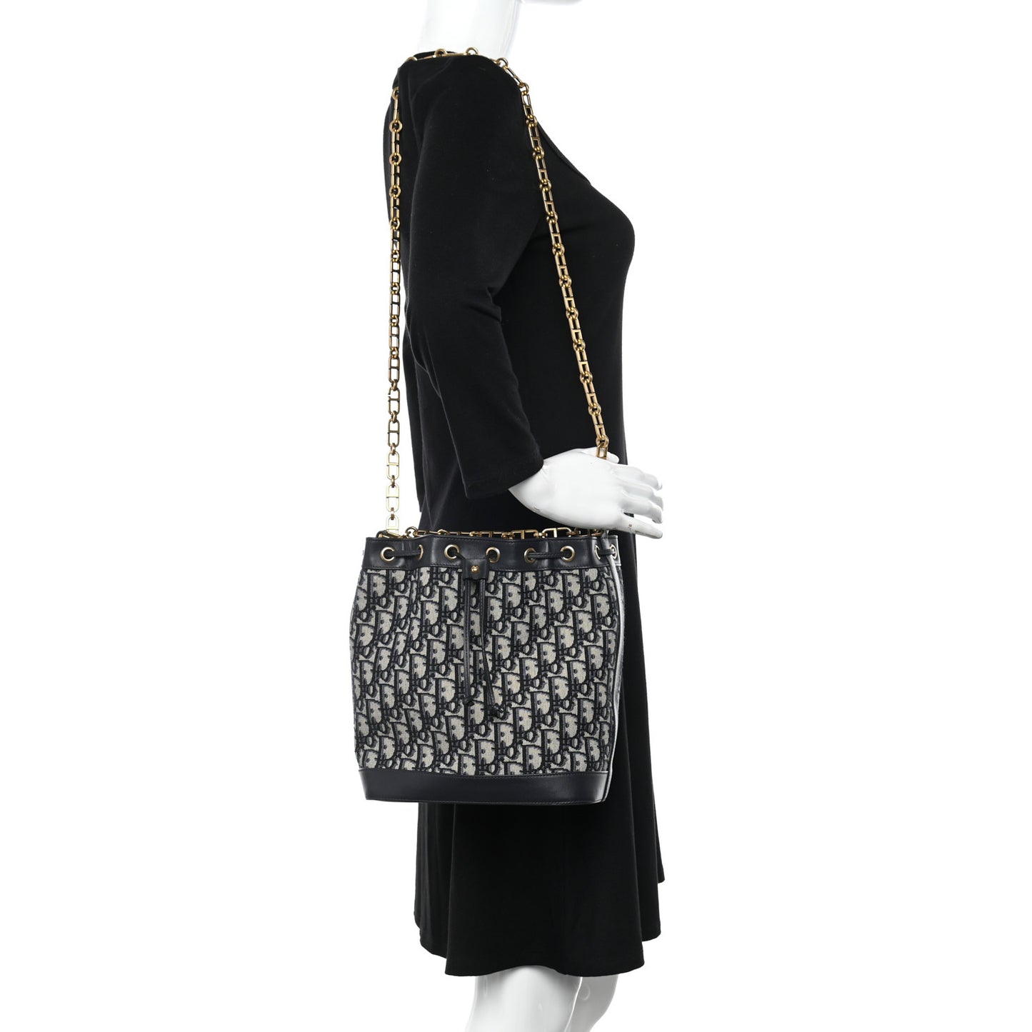 Oblique Drawstring Chain Large Bucket Bag Blue