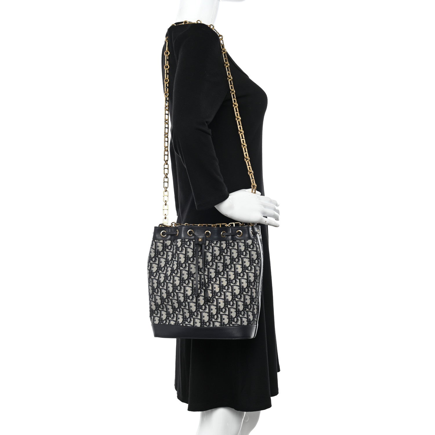 Christian Dior Oblique Drawstring Chain Large Bucket Bag Blue 2 of 10