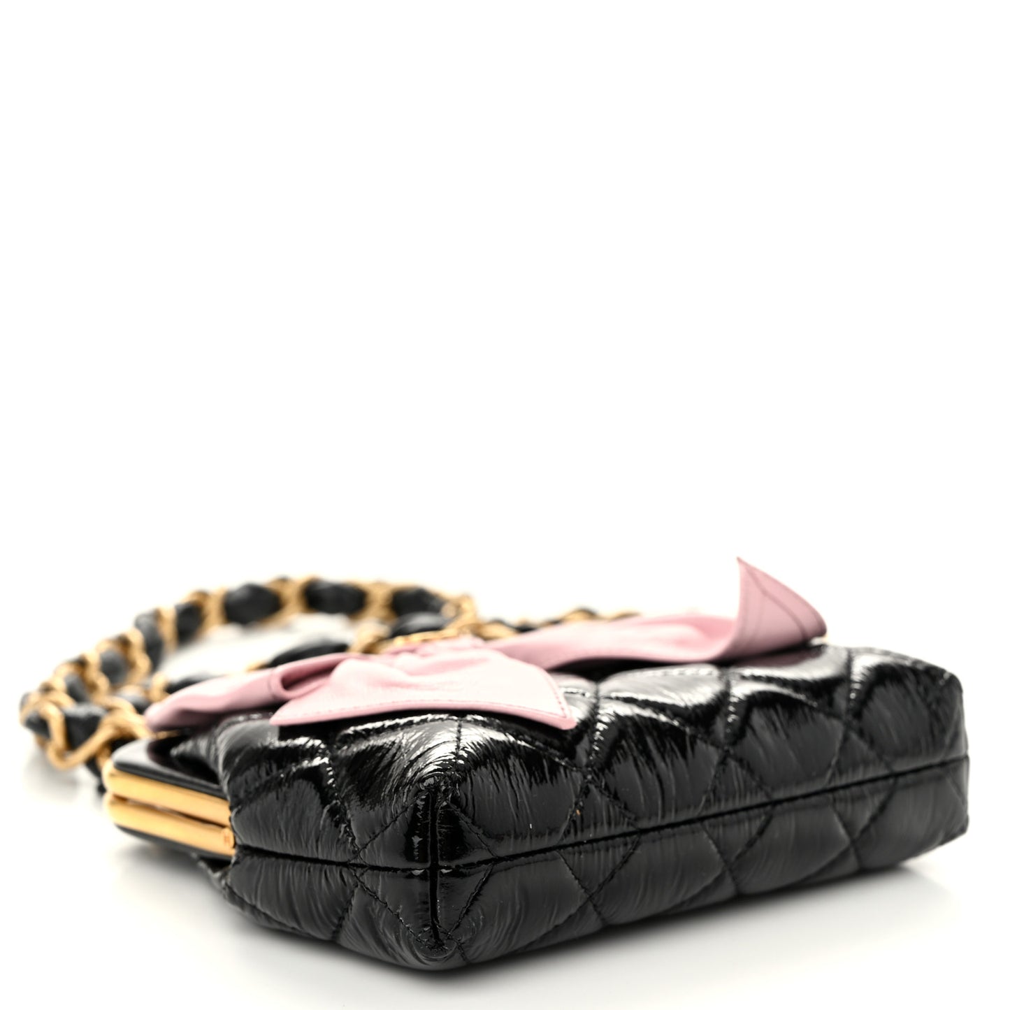Patent Crumpled Lambskin Shiny Lambskin Quilted Maxi Bow Clutch With Chain Black Pink