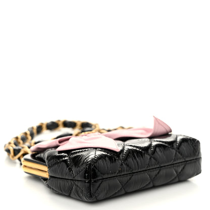 Chanel Patent Crumpled Lambskin Shiny Lambskin Quilted Maxi Bow Clutch With Chain Black Pink 4 of 11