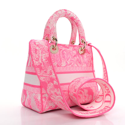 Christian Dior Canvas Toile De Jouy Reverse Embroidered Medium Lady D-Lite Fluorescent Pink 3 of 8
