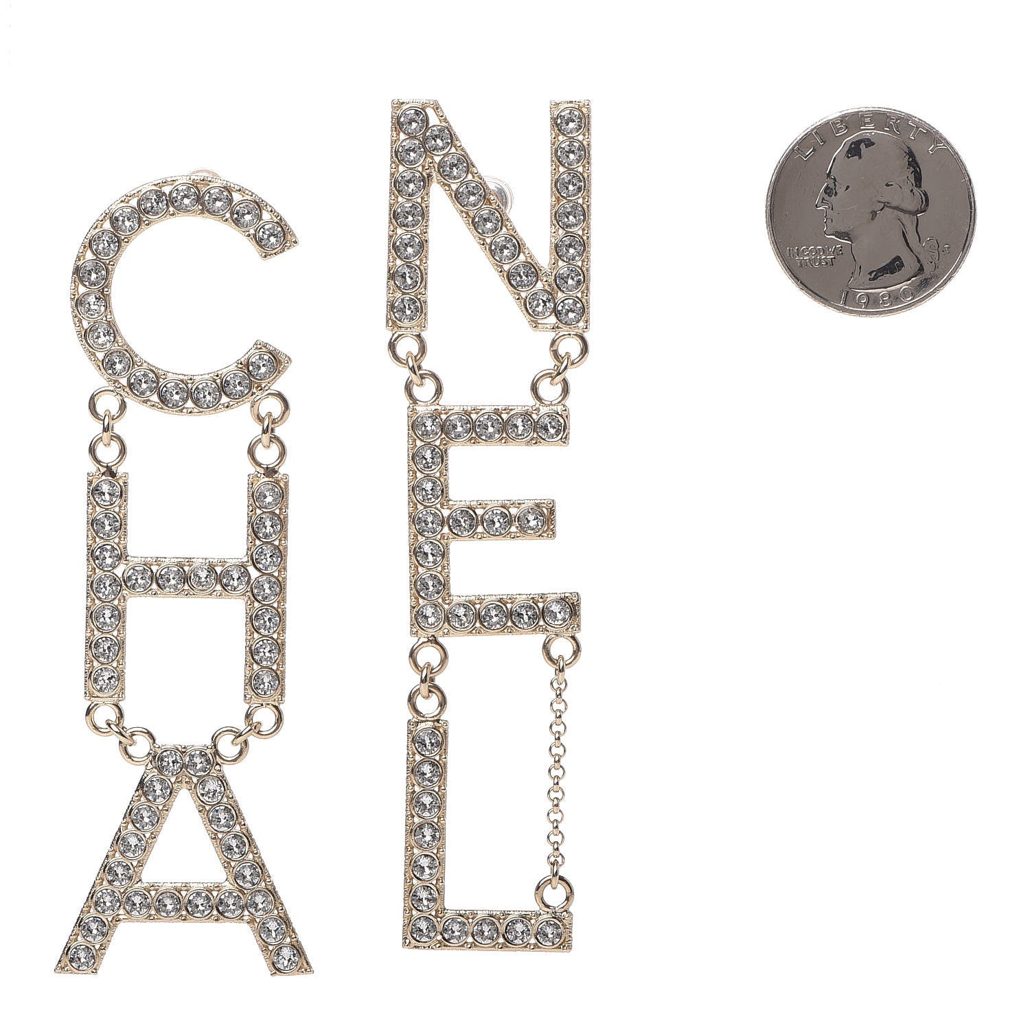 Chanel Crystal Cha-Nel Logo Drop Earrings Gold 2 of 6