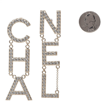 Chanel Crystal Cha-Nel Logo Drop Earrings Gold 2 of 6