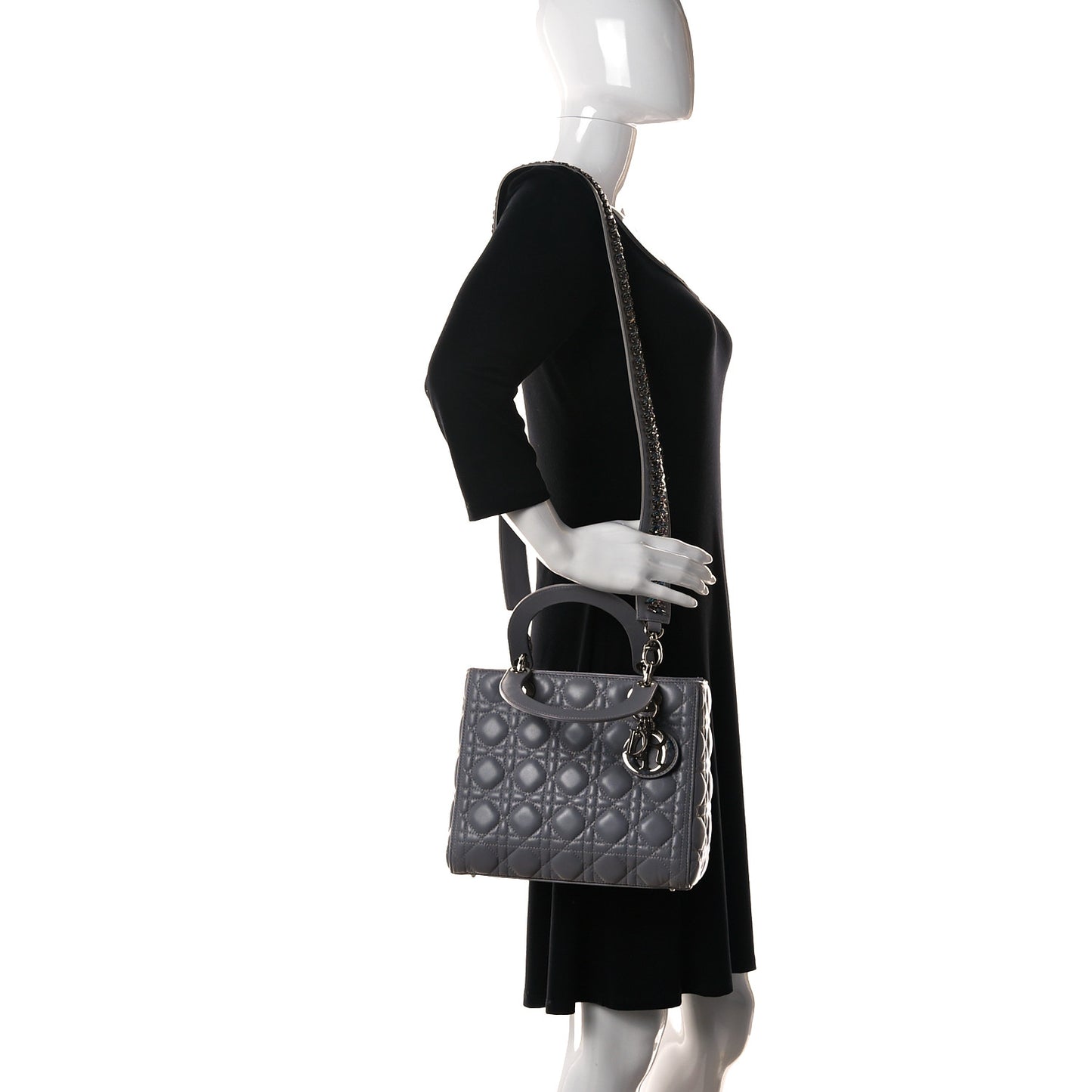 Lambskin Cannage Medium Lady Dior Crystal Strap Grey