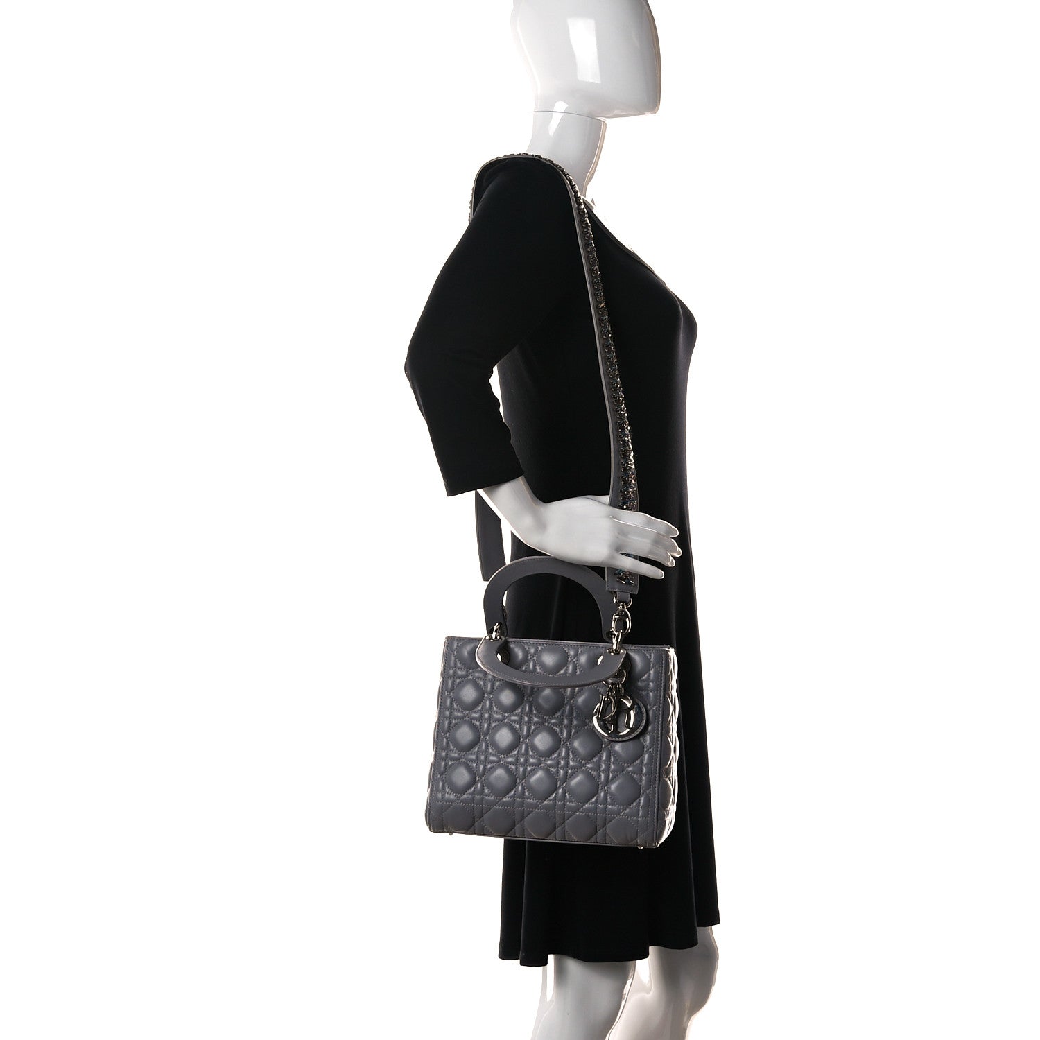 Christian Dior Lambskin Cannage Medium Lady Dior Crystal Strap Grey 2 of 15