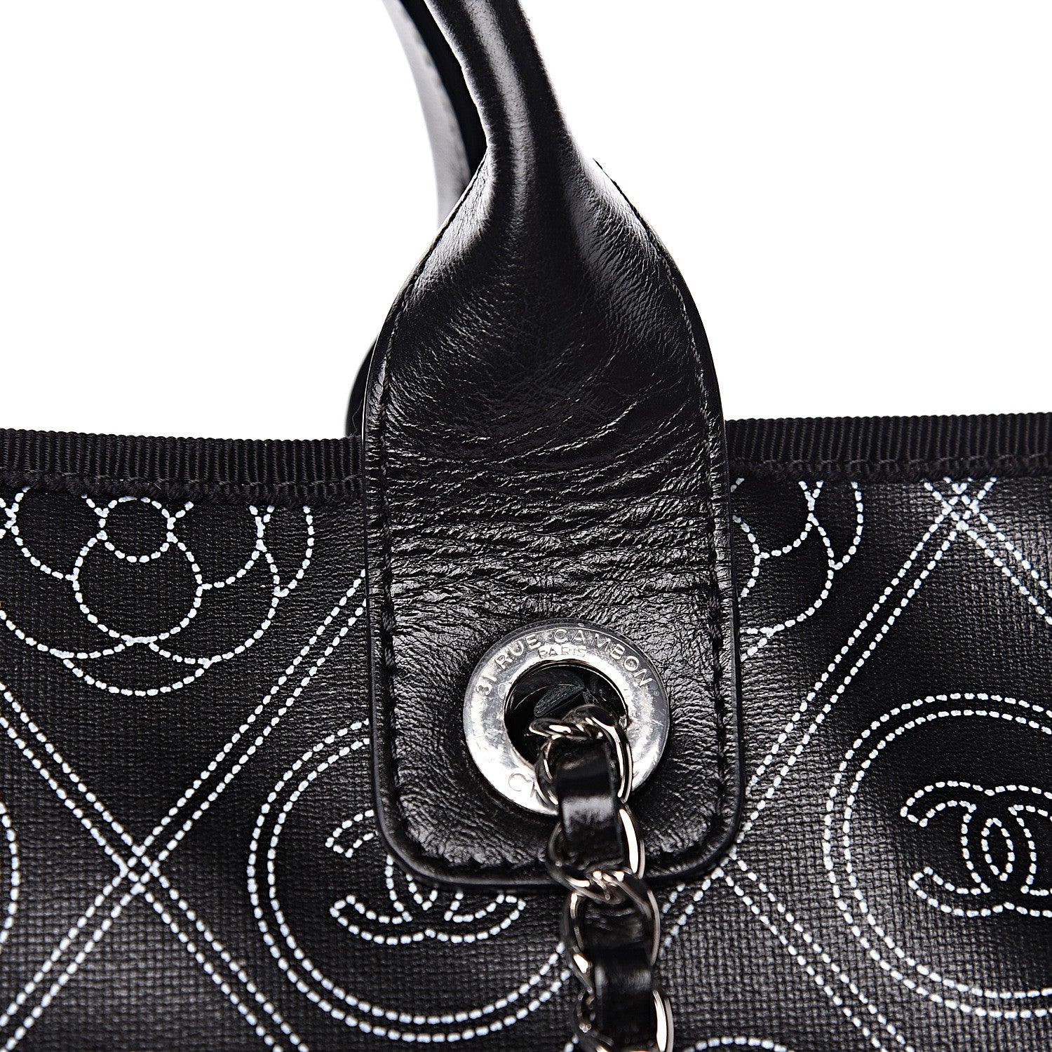 Chanel Coated Canvas Camellia Medium Shopping Tote Black Beige 10 of 14