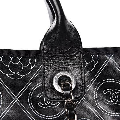 Chanel Coated Canvas Camellia Medium Shopping Tote Black Beige 10 of 14