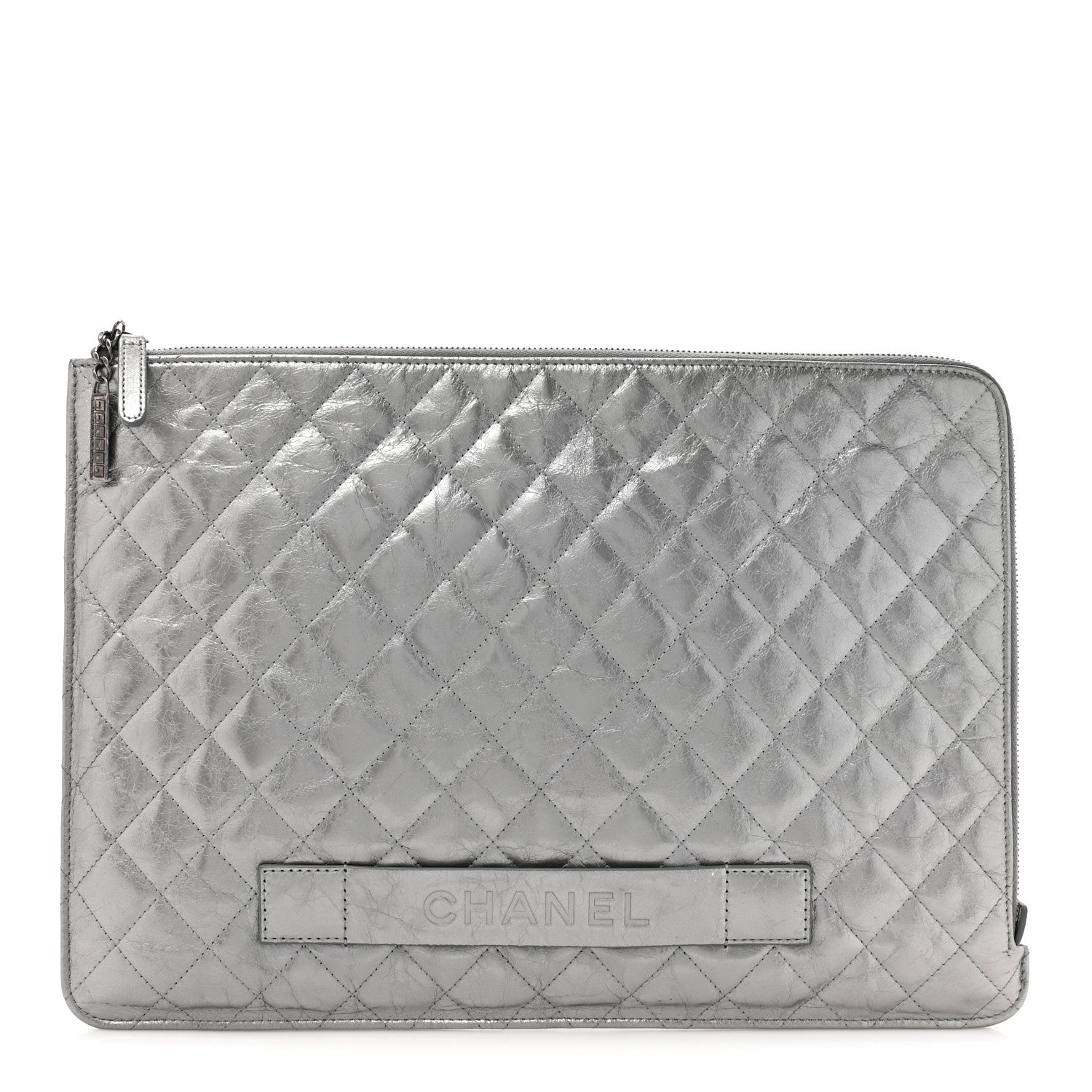 Chanel Metallic Crumpled Calfskin Quilted Large Slide Pouch Silver 1 of 13