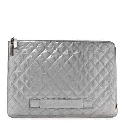 Chanel Metallic Crumpled Calfskin Quilted Large Slide Pouch Silver 1 of 13