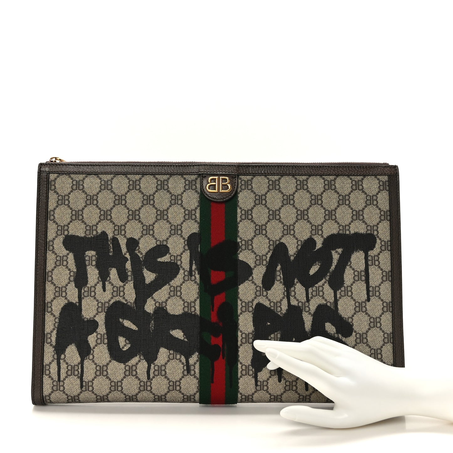 X BALENCIAGA BB Monogram Web Graffiti Ophidia Laptop Pouch Beige New Acero
