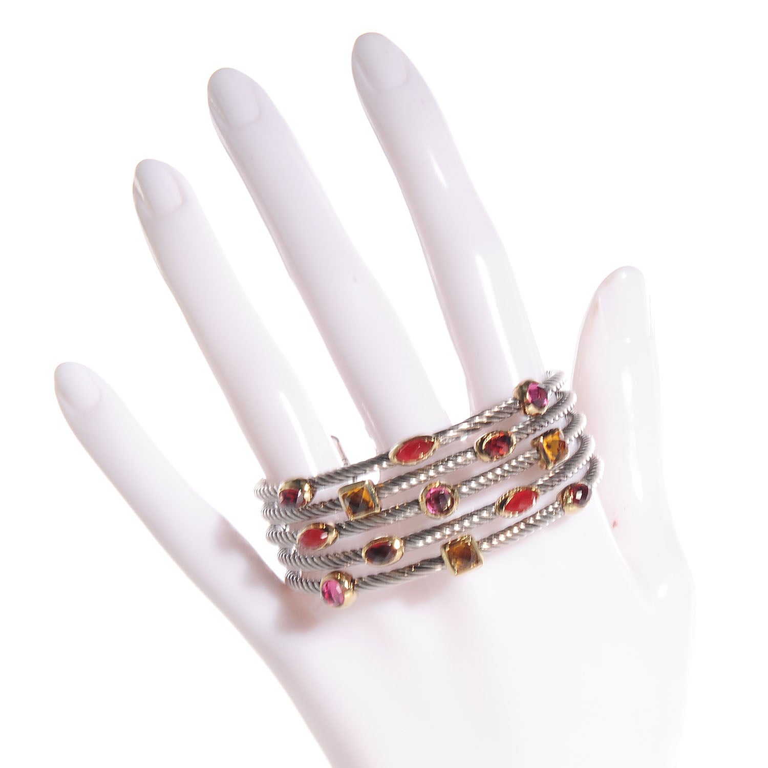 David Yurman Sterling Silver 18K Yellow Gold Garnet Pink Tourmaline Citrine Carnelian Confetti Five Row Cuff Bracelet 2 of 5