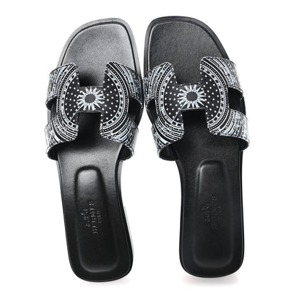 Hermes Calfskin Astrologie Bandana Oran Sandals 35.5 Black White 2 of 10