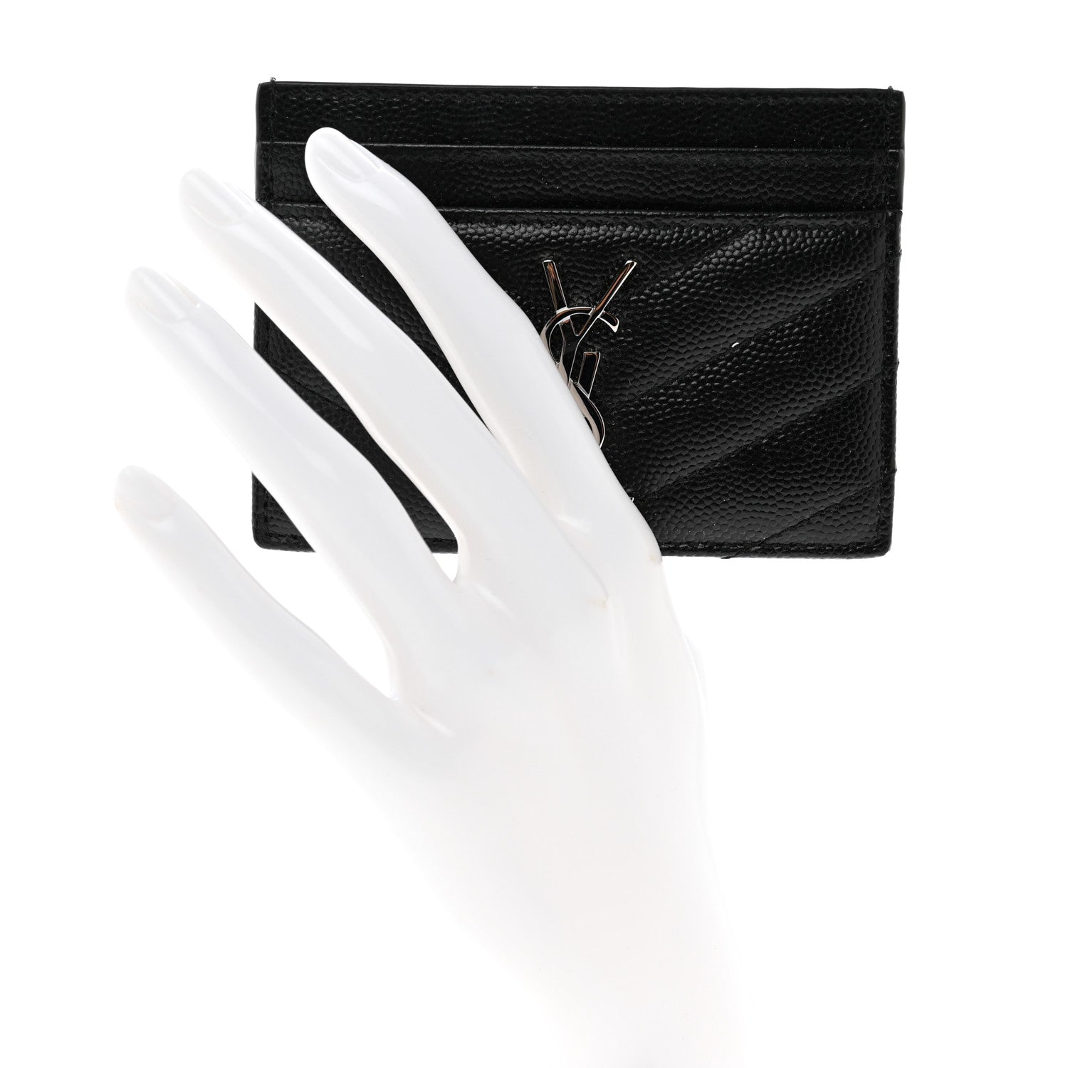 Saint Laurent Grain De Poudre Matelasse Chevron Monogram Credit Card Case Black 2 of 8