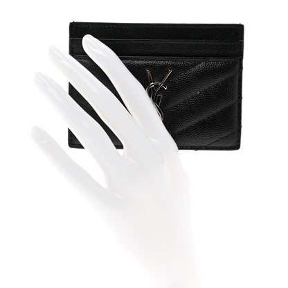 Saint Laurent Grain De Poudre Matelasse Chevron Monogram Credit Card Case Black 2 of 8