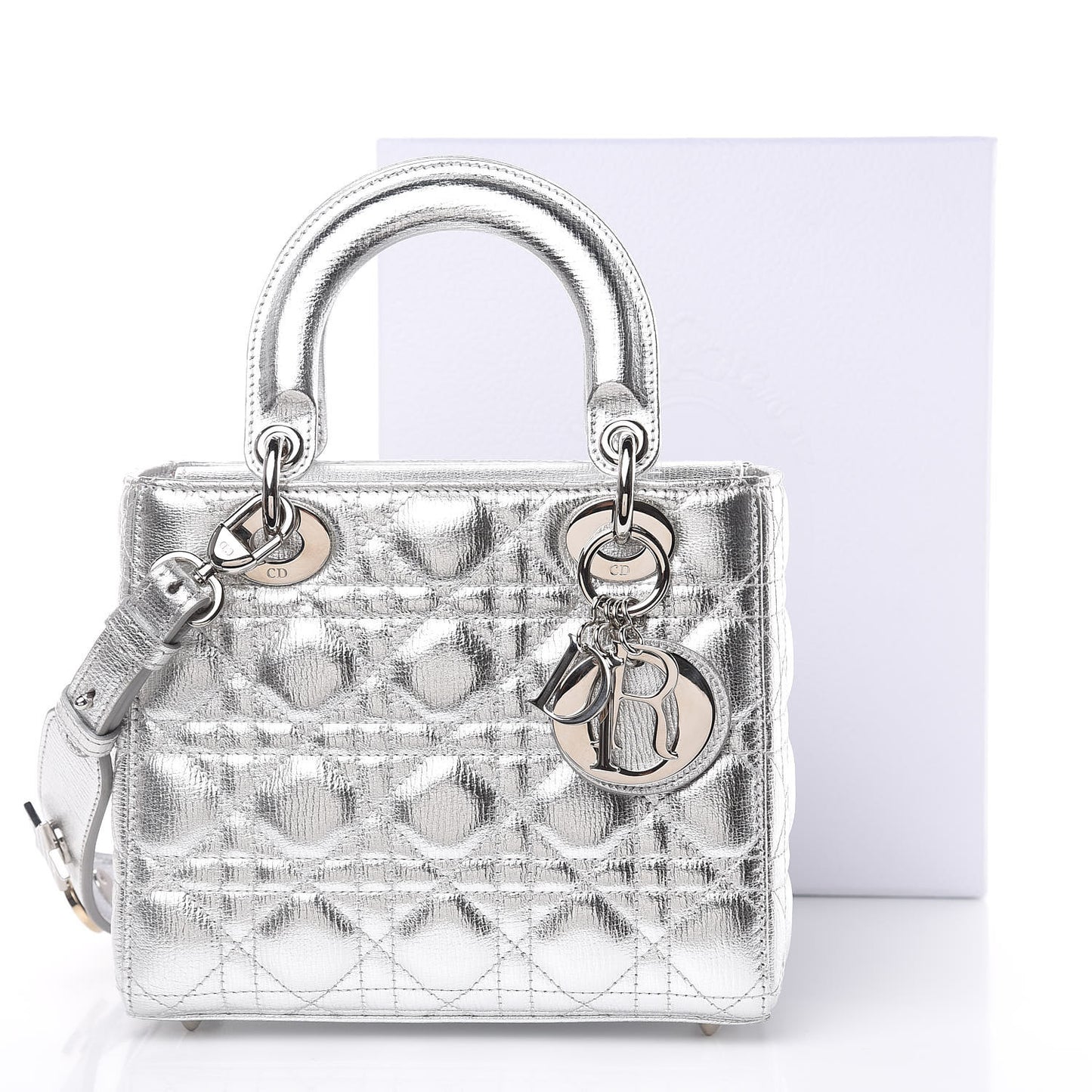 Metallic Grained Calfskin Cannage Small Lucky Badges My Lady Dior Silver