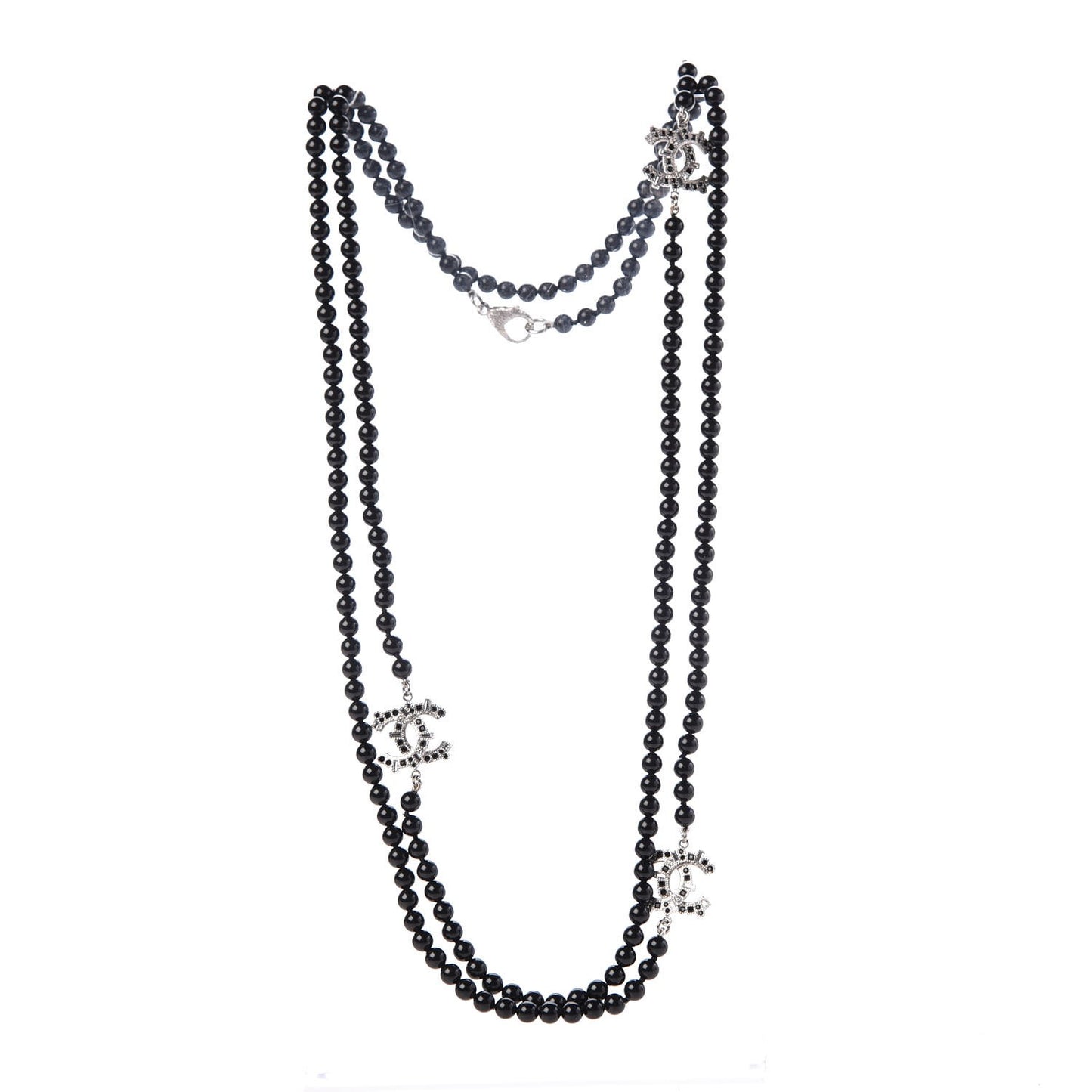 Baguette Crystal Beaded CC Long Necklace Black Silver