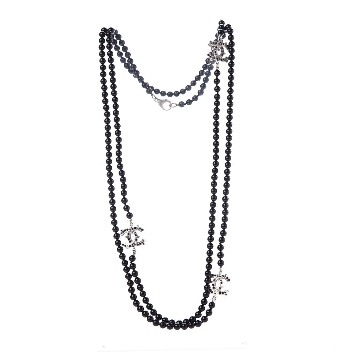 Chanel Baguette Crystal Beaded CC Long Necklace Black Silver 3 of 6