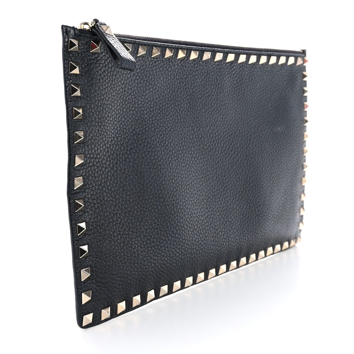 Pebbled Calfskin Large Rockstud Zip Pouch Black