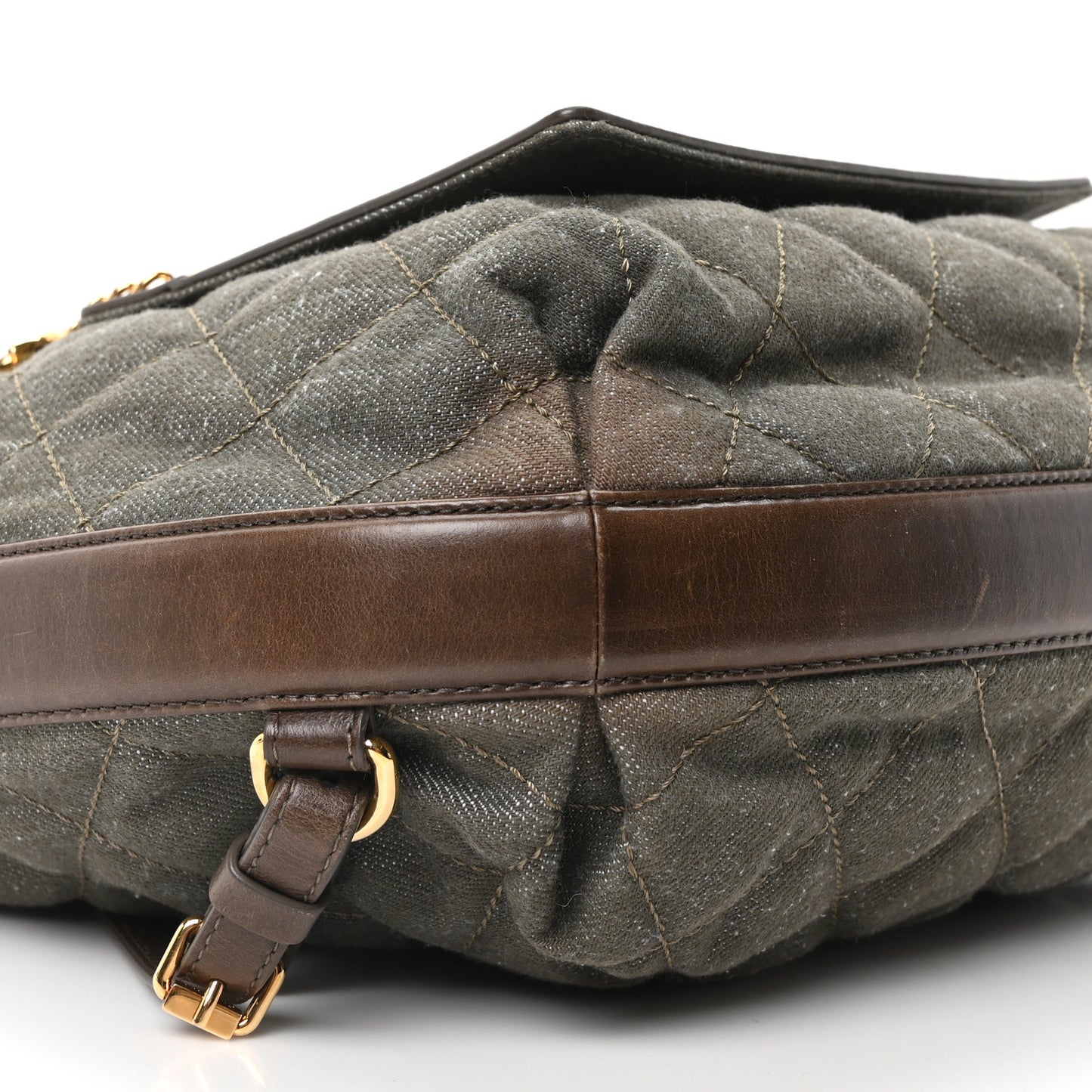Denim Calfskin Quilted Backpack Olive Green Brown