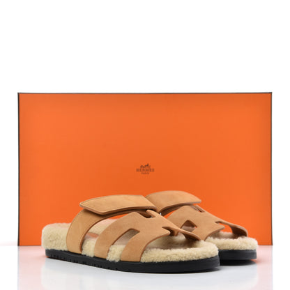 Hermes Suede Goatskin Woolskin Womens Chypre Sandals 37 Golden Beige 9 of 9