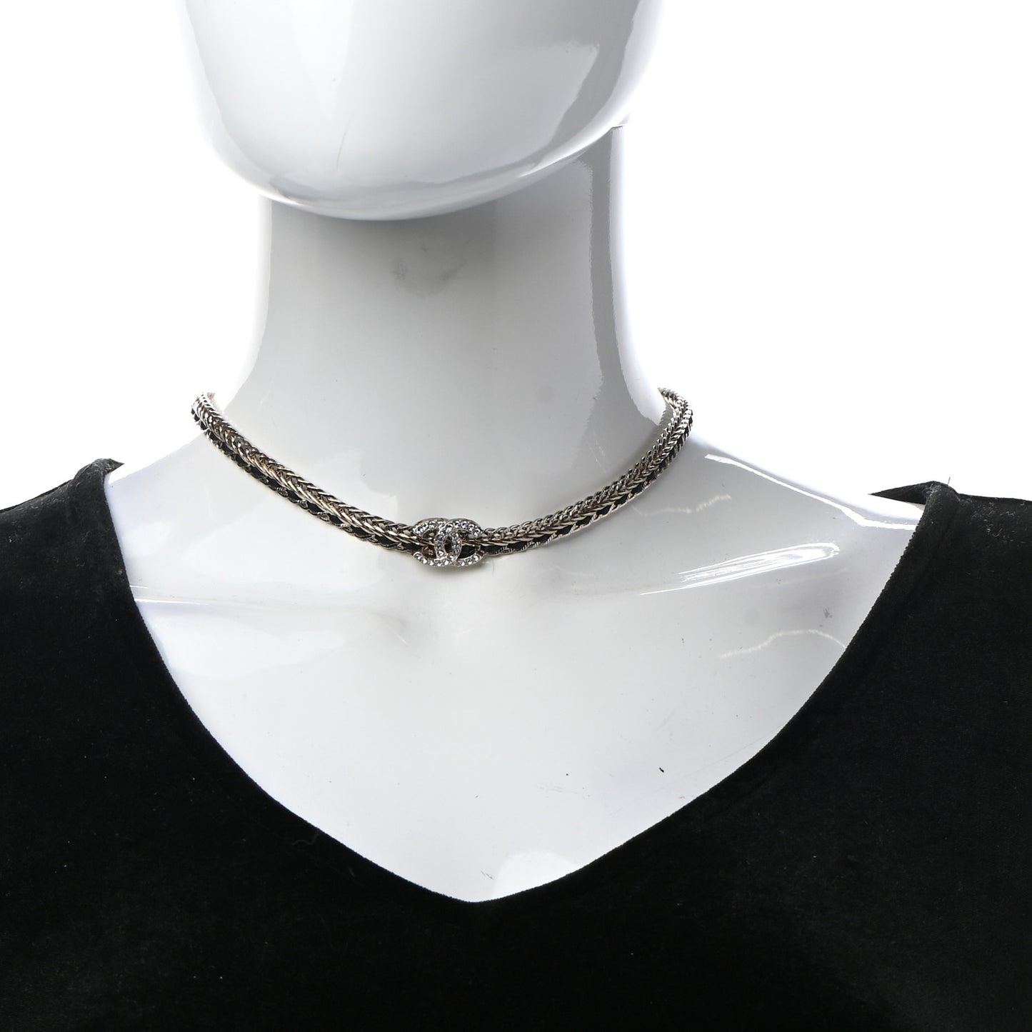 Metal Lambskin Crystal Chain CC Necklace Black Gold