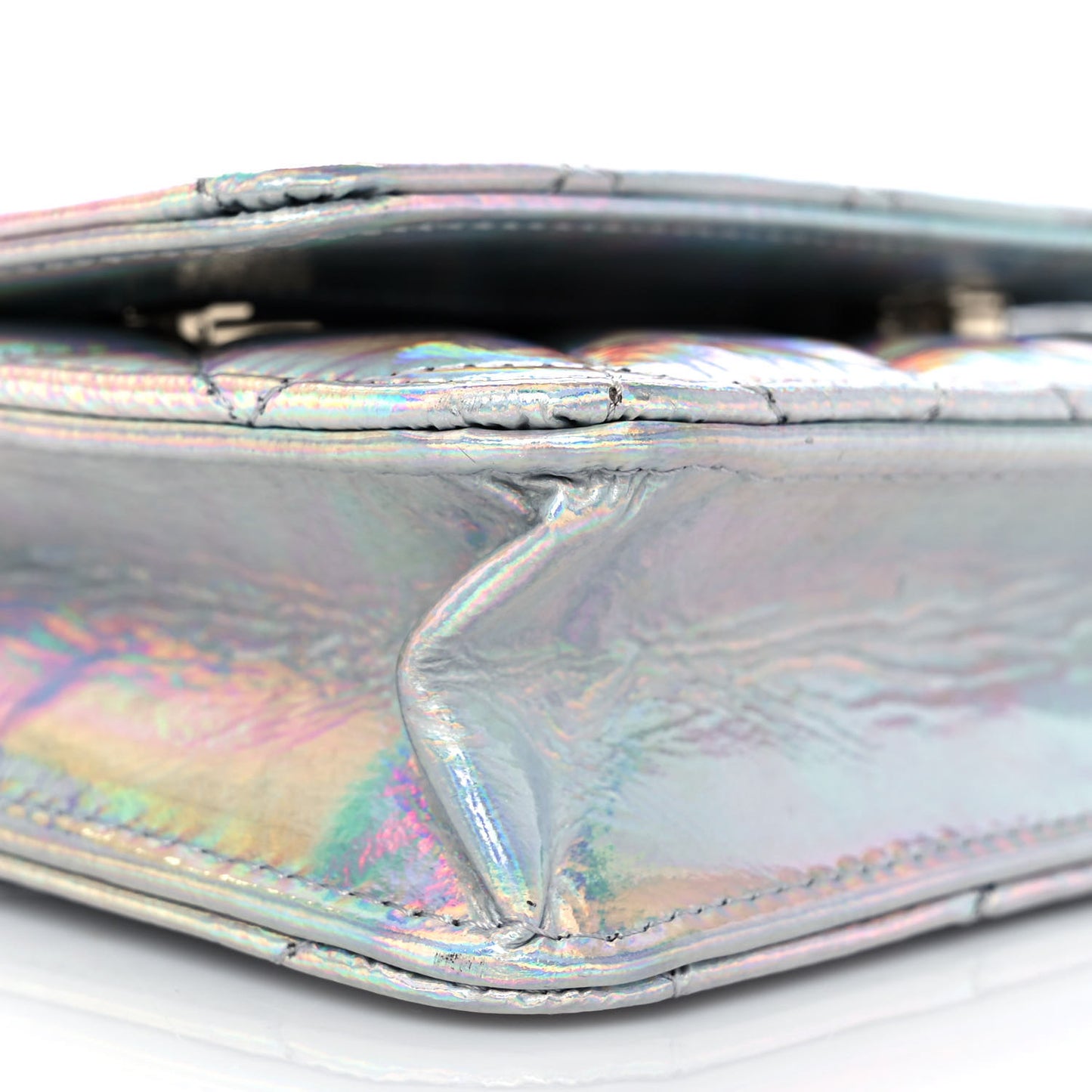 Iridescent Goatskin Quilted Wallet On Chain WOC Silver