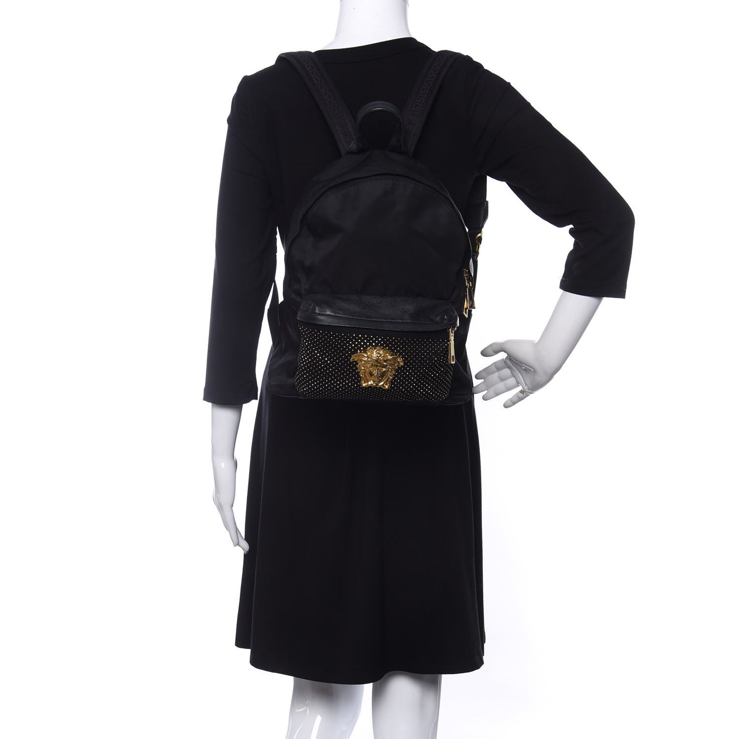 Nylon Goatskin Studded Palazzo Medusa Backpack Black